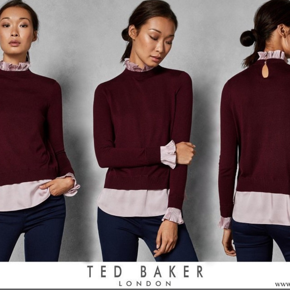 Ted Baker Kaarina Pleated Mock Neck Layered Sweater Cashmere Blend Ruffle US 2